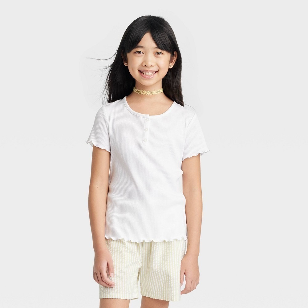 Art Class Girls White Short Sleeve Henley Ribbed Tee Shirt Top Size L 10/12 NEW